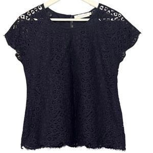 Solitaire Ravi Khosla Midnight Blue Cap Sleeve Top With Lace Overlay And Scallop